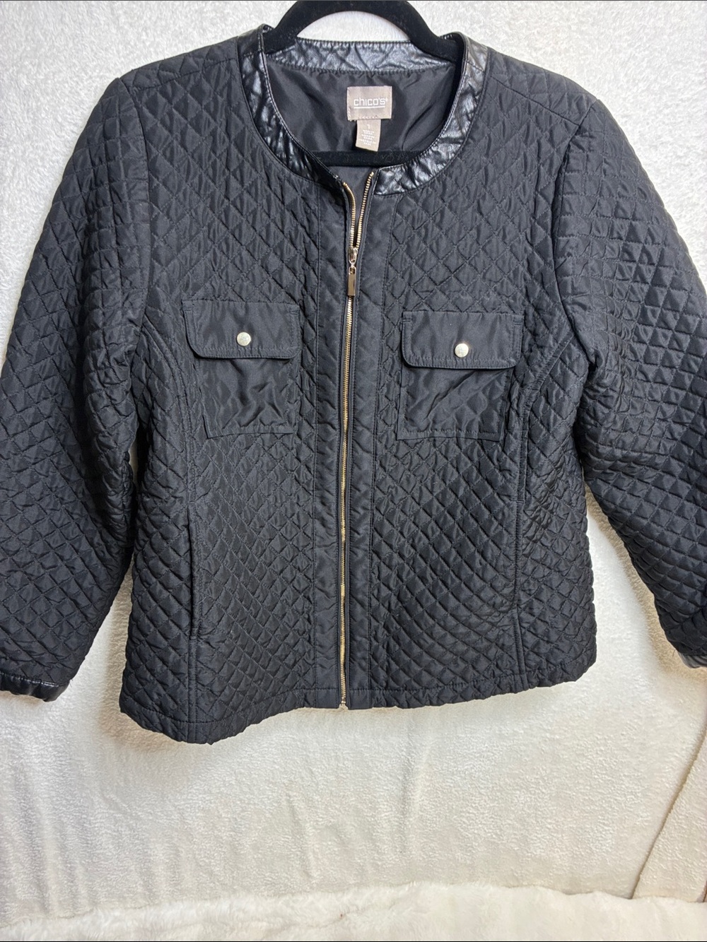 Chico's Black Quilted Zip Jacket with Gold Hardware